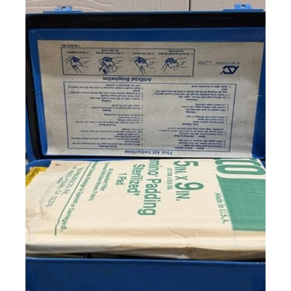 Vintage Rare Blue ACME INDUSTRIAL FIRST AID KIT #50 Metal With Lots Of Contents
